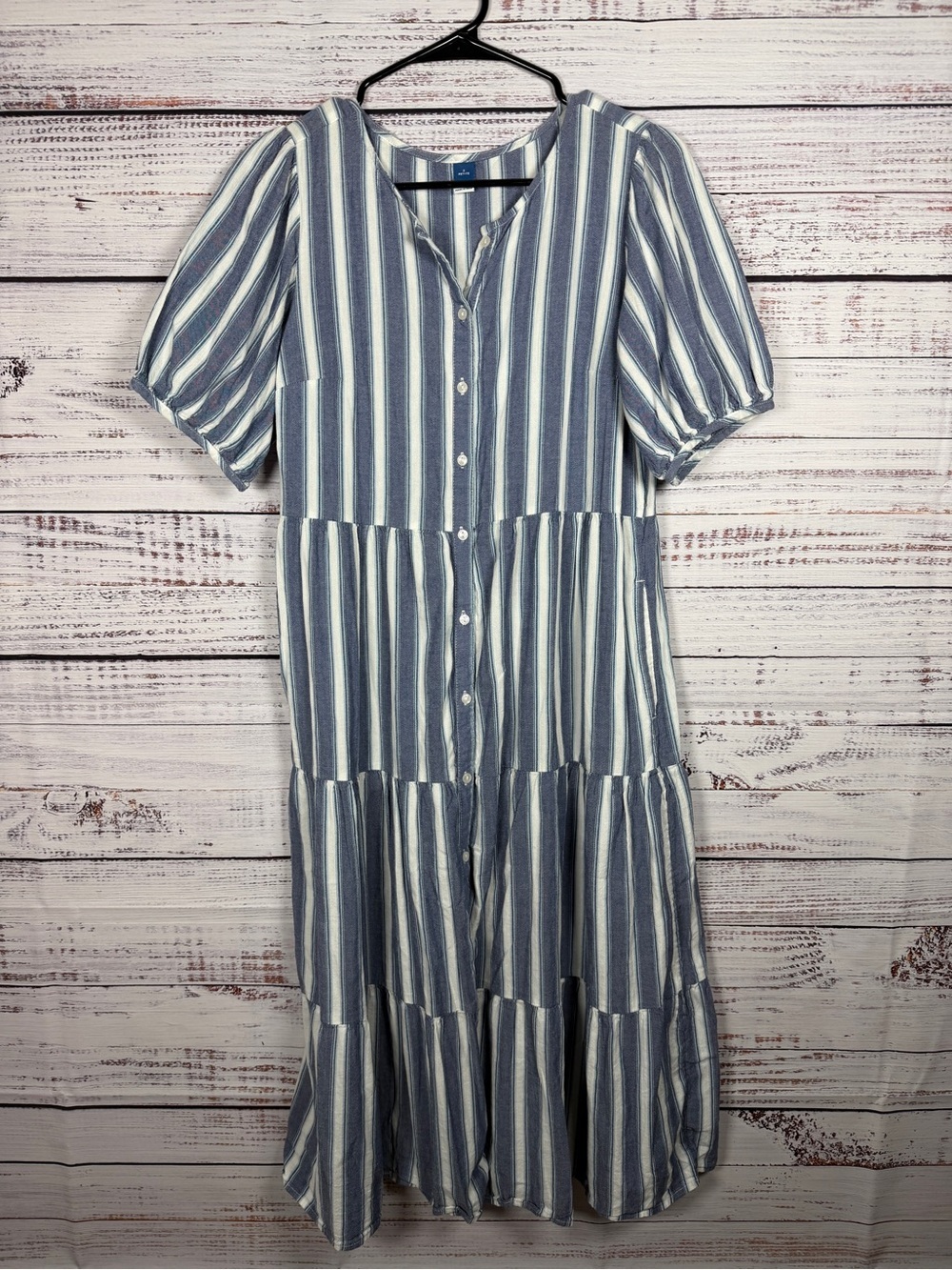 Old Navy Blue White Striped Tiered Midi Dress Puff Sleeve Pockets Petite S